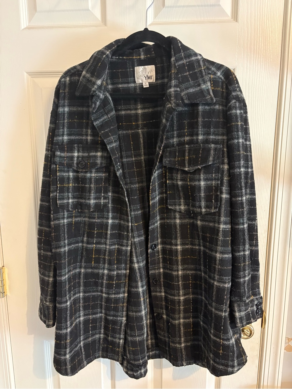 YMI Black Plaid Button-Front Jacket with Gray and Yellow Accents